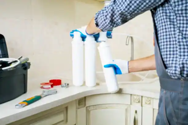 Repairman installing water filter cartridges in a kitchen. Replacing the water filter, water-purification.